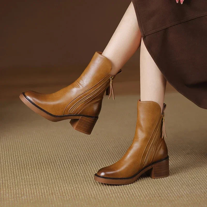 Women’s Zip-Up Ankle Boots with Block Heel and Side Zipper Detail